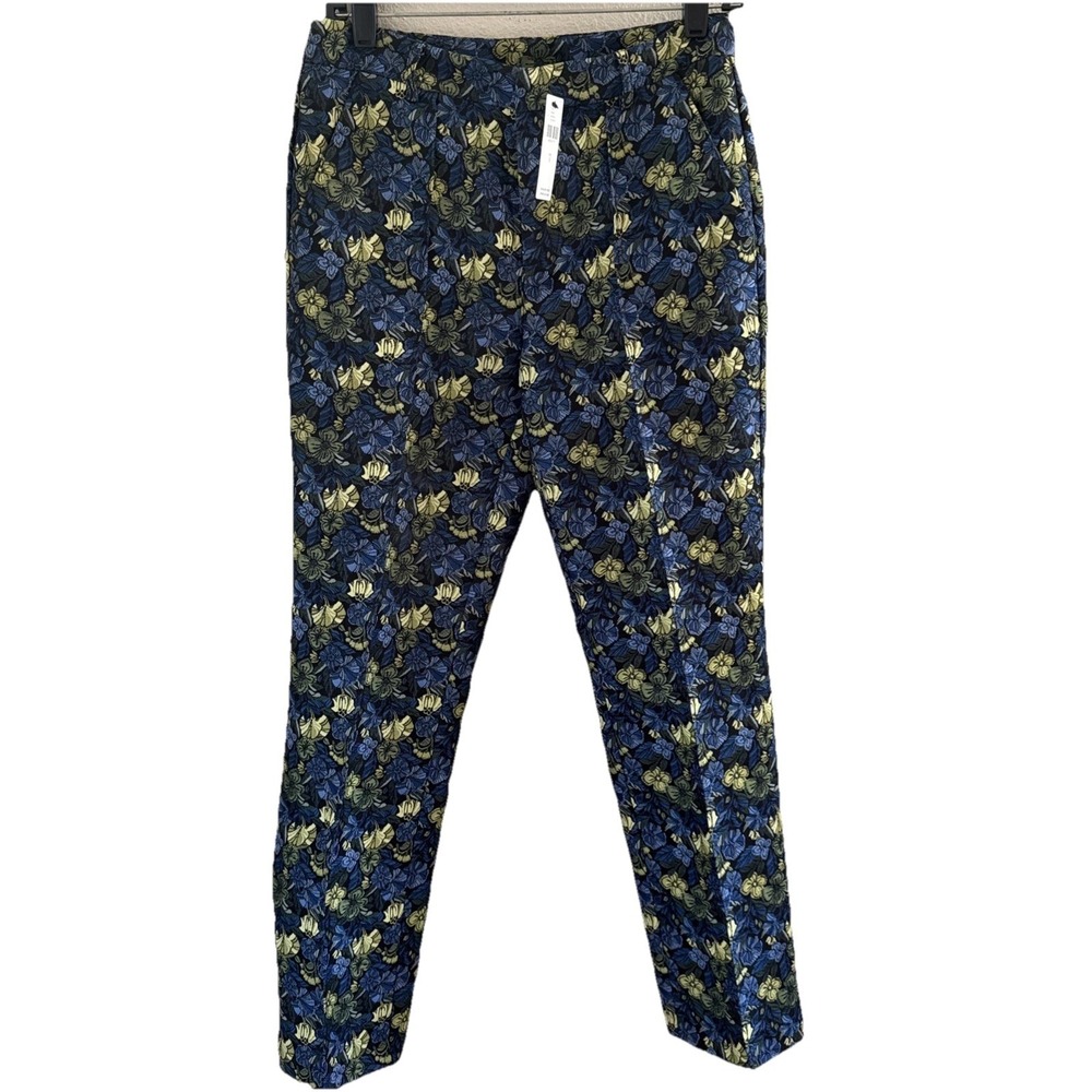 Anthropologie Current Air Blue Yellow Daisy Floral Jacquard  Straight Pant Sz S